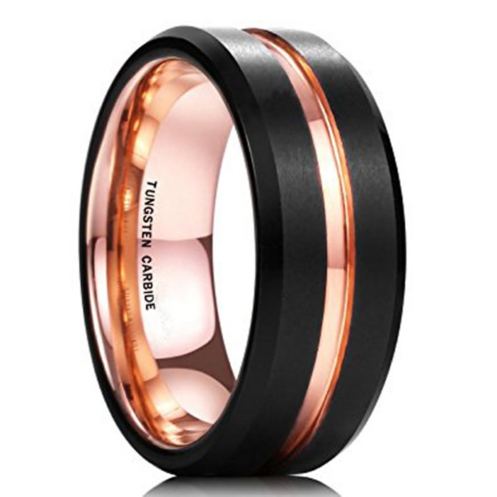 Mens Tungsten Wedding Band 8mm. Beveled Black & Rose Gold Tungsten Carbide Ring